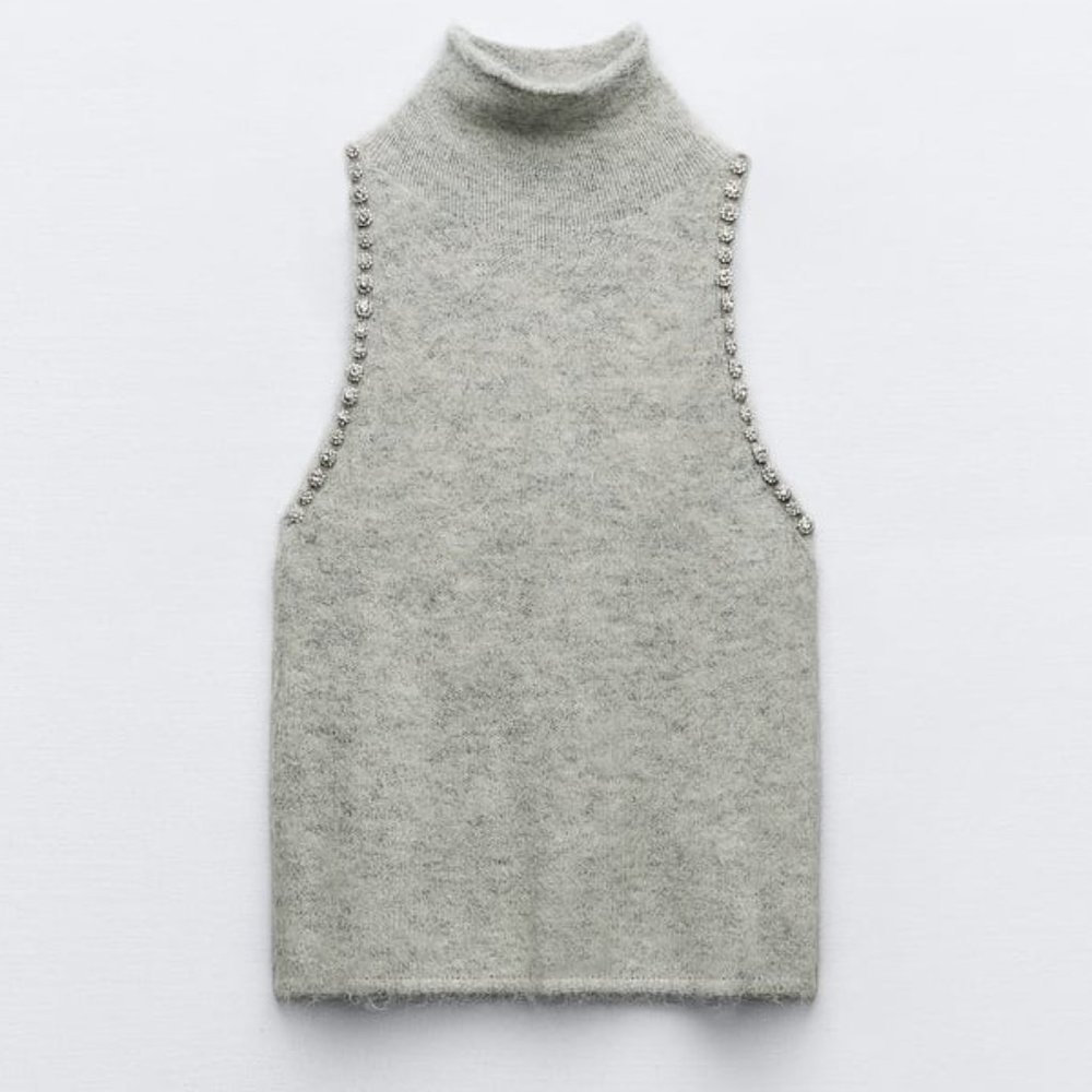Zara Sleeveless Jewel Knit Top in Grey Size Medium